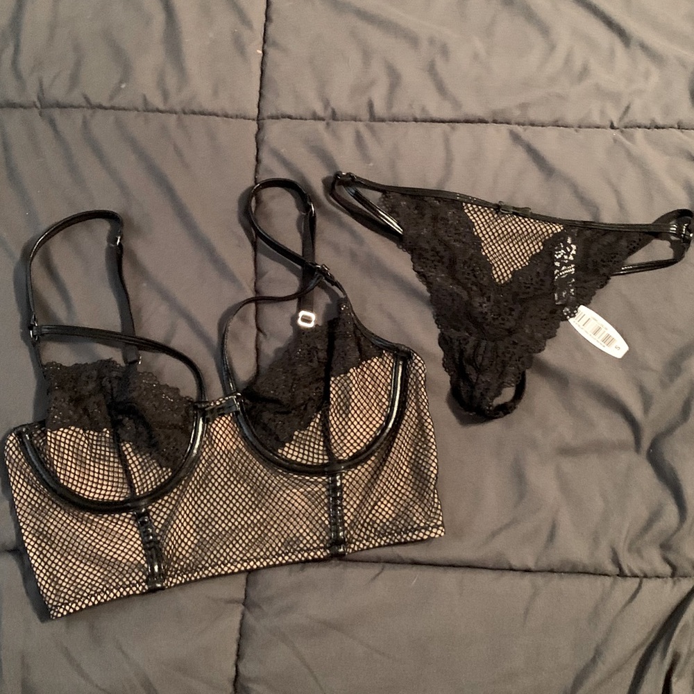 NWT Nude/Black Mesh bra & panty set
